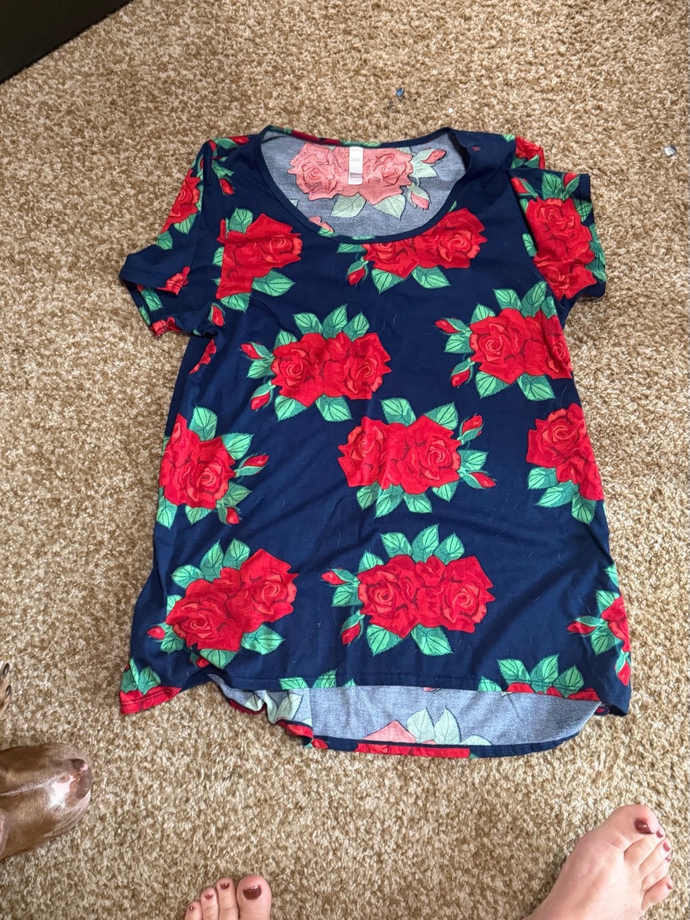 LuLaRoe Navy Blue Short Sleeve Tee with Red Rose Print